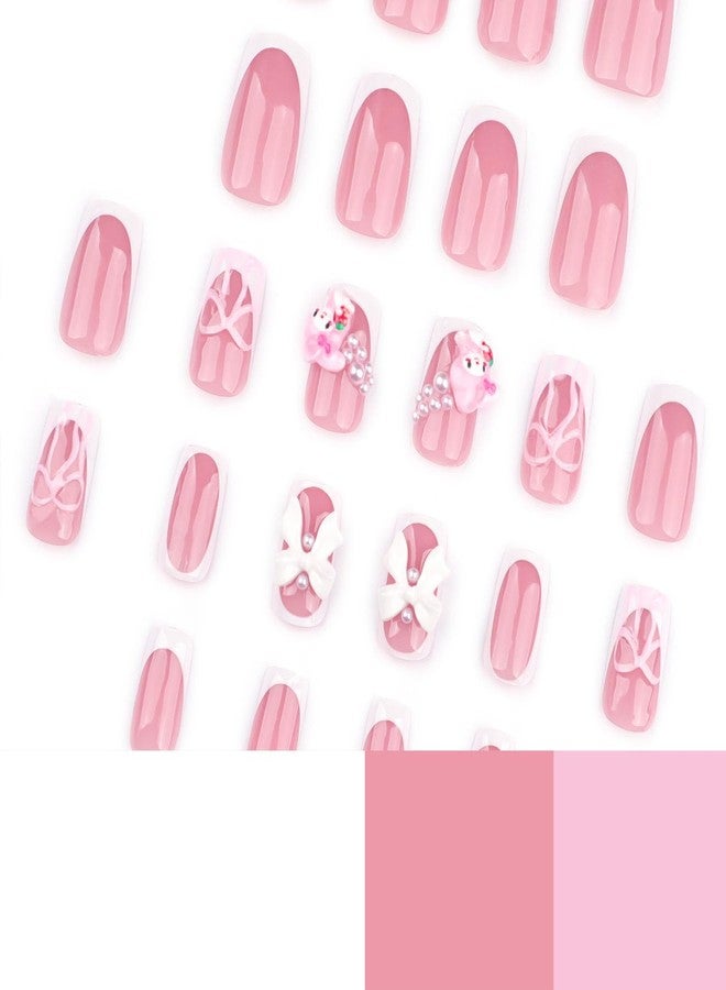 YKZFUI White French Tip Press on Nails Short with Charms Bow Pearl Design, Pink French Nails Press ons Cute False Nails Short Square Nail Art Full Cover Stick on Nails for Women Manicure Decorations 24Pcs - Image 5